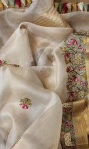 Half White Organza Embroidery Pichwai Border Butta  Saree