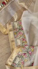 Half White Organza Embroidery Pichwai Border Butta  Saree