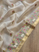 Half White Organza Embroidery Pichwai Border Butta  Saree