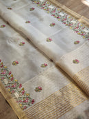 Half White Organza Embroidery Pichwai Border Butta  Saree