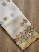 Half White Organza Embroidery Pichwai Border Butta  Saree