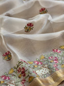 Half White Organza Embroidery Pichwai Border Butta  Saree