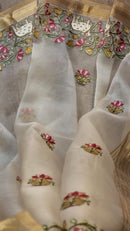 Half White Organza Embroidery Pichwai Border Butta  Saree
