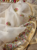 Half White Organza Embroidery Pichwai Border Butta  Saree