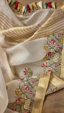 Half White Organza Embroidery Pichwai Border Butta  Saree