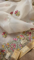 Half White Organza Embroidery Pichwai Border Butta  Saree