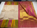 Half White Korvai Seepu Rekku Temple  Border Multi Color with Body Butta Kanchipuram Silk Saree