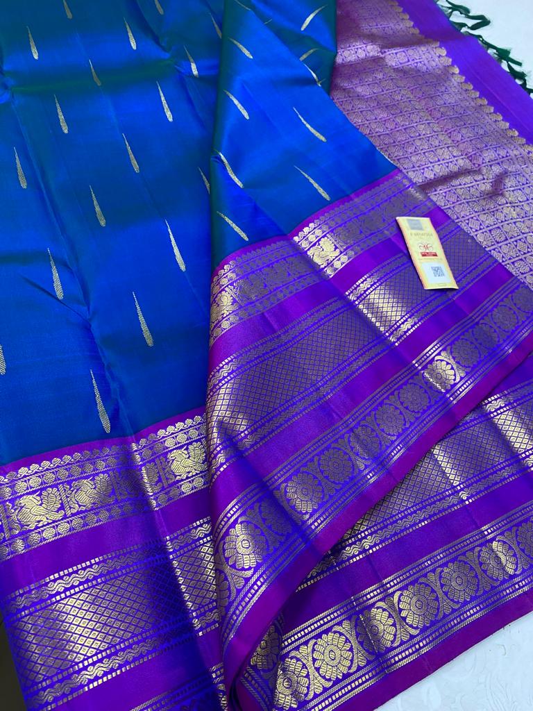 Peacock Blue Kanchipuram Silk in Self-Embossed Floral Designs
