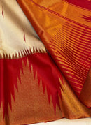 Half White Korvai Contrast Temple Border with Body Butta Kanchipuram Silk Saree