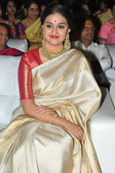 Celebrity Style - Keerthy Suresh Inspired Half White Pure Handloom Kanchipuram Silk Saree