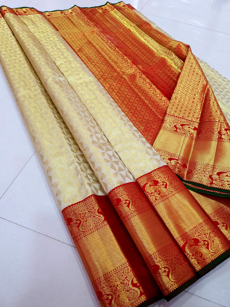Half White Bridal Tissue Kanchipuram Silk Saree