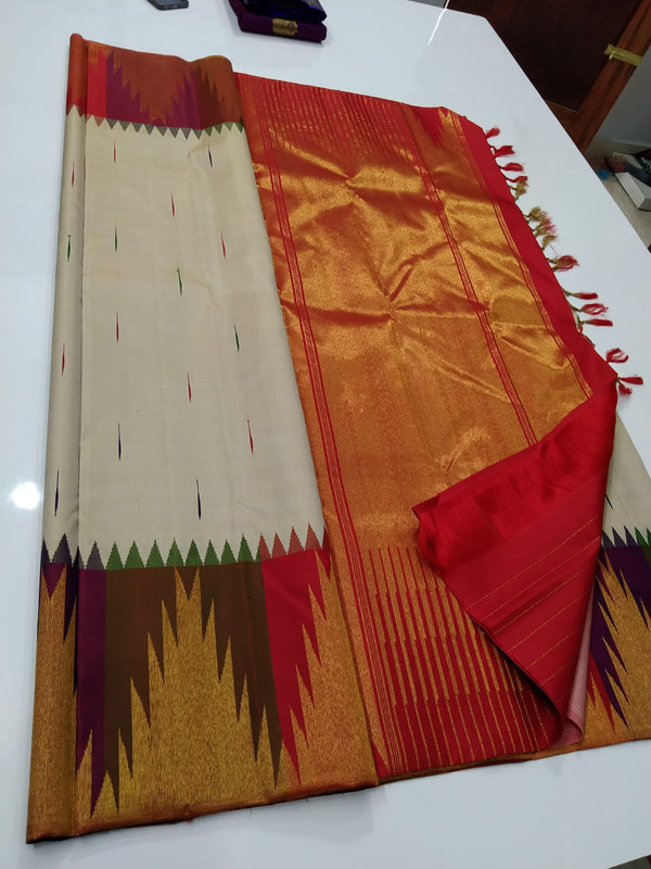 Half White Korvai Contrast Multi Color Temple Border with Body Butta Kanchipuram Silk Saree
