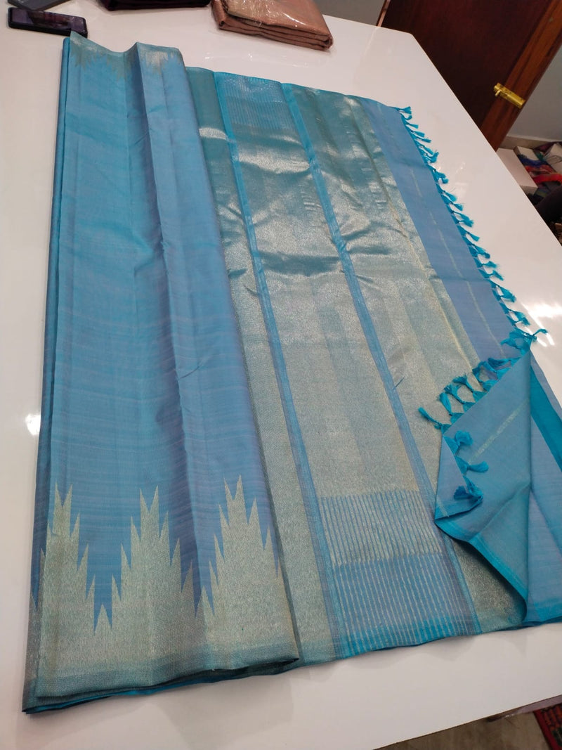 Sky Blue Temple Border Kanchipuram Silk Saree