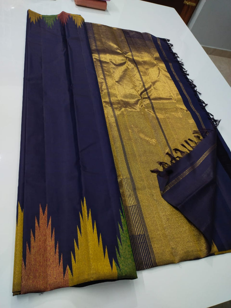 Dark Blue Kanchipuram Silk Saree with Simple Border