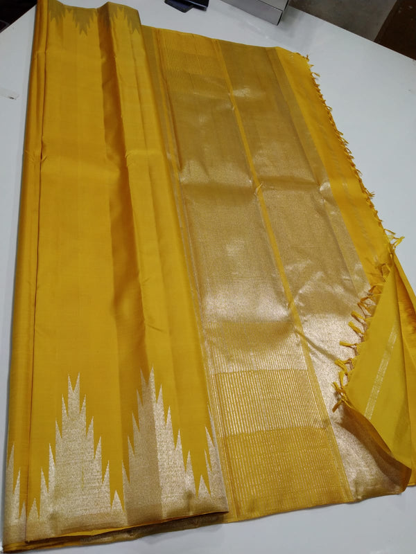 Mustard Yellow Temple Border Kanchipuram Silk Saree