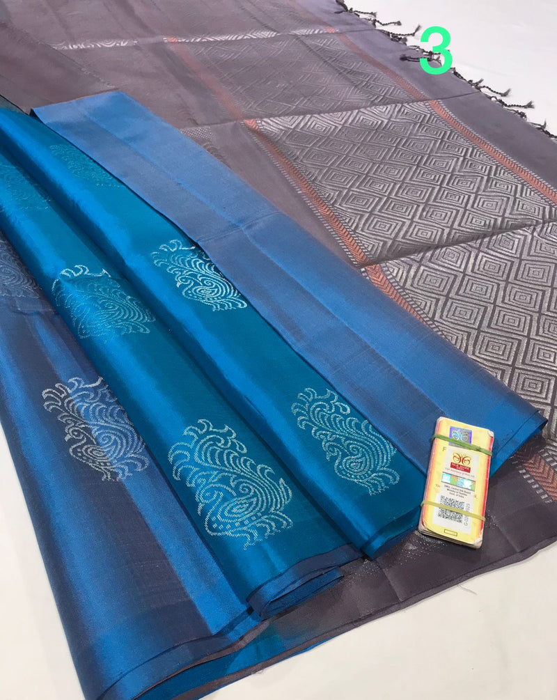 Multi Shade Pure Handloom Peacock Butta Soft Silk Sarees