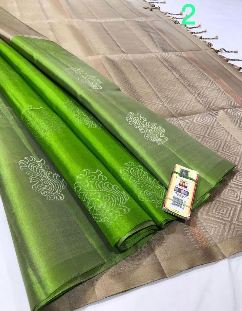 Multi Shade Pure Handloom Peacock Butta Soft Silk Sarees