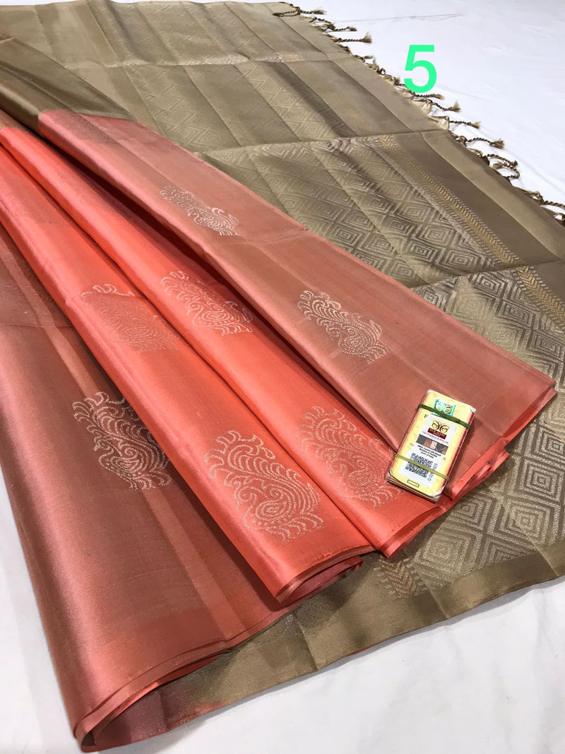 Multi Shade Pure Handloom Peacock Butta Soft Silk Sarees