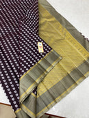 Brown Handloom Kanchipuram Silk Saree with Peacock Thread Butta All over & Simple Zari Border