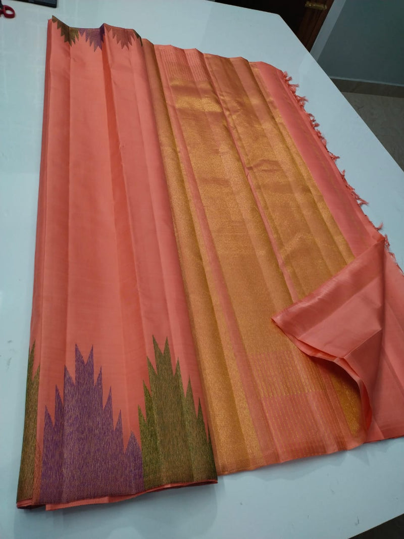 Peach Temple Border Kanchipuram Silk Saree