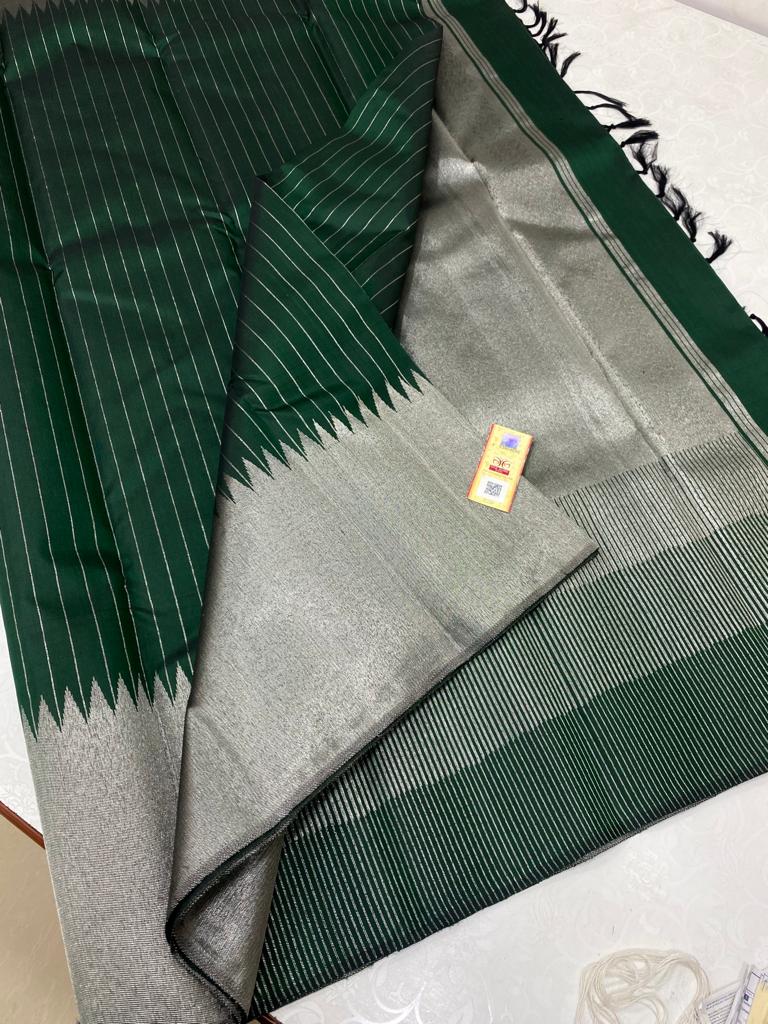 Bottle Green Kanchipuram Silk Saree with Silver Zari Temple Border