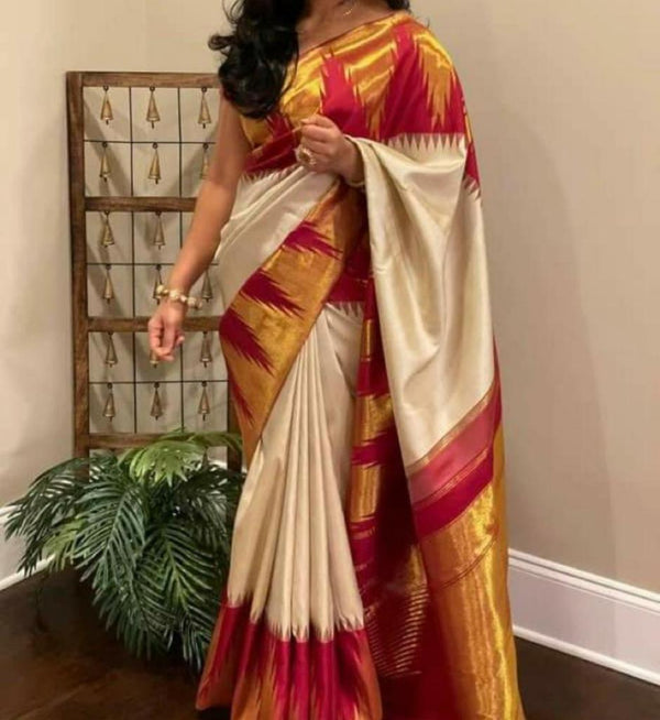 Half White Korvai Contrast Temple Border Kanchipuram Silk Saree