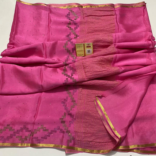 Pink Wrinkle Crepe Silk Saree with Swarovski Stone Work