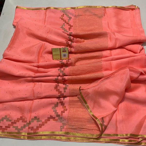 Peach Pink Wrinkle Crepe Silk Saree with Swarovski Stone Work