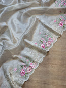 Silver Tissue Silk Stripe Embroidery Cutwork Border Scallop Saree