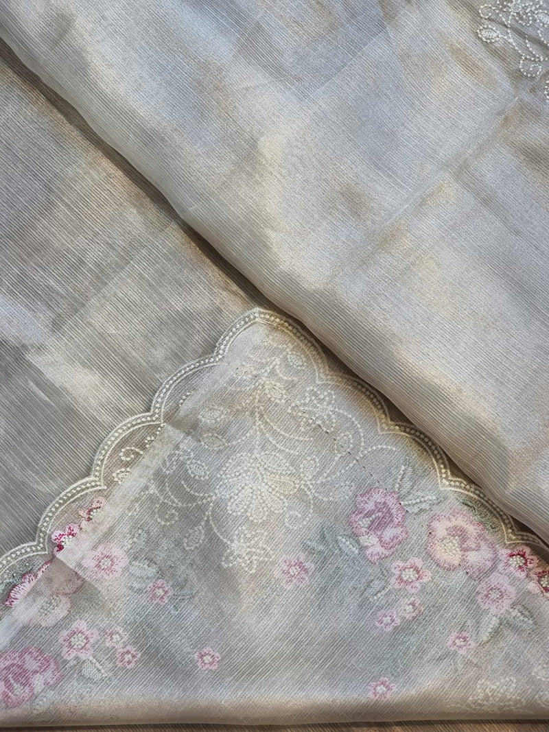 Silver Tissue Silk Stripe Embroidery Cutwork Border Scallop Saree