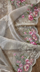 Silver Tissue Silk Stripe Embroidery Cutwork Border Scallop Saree