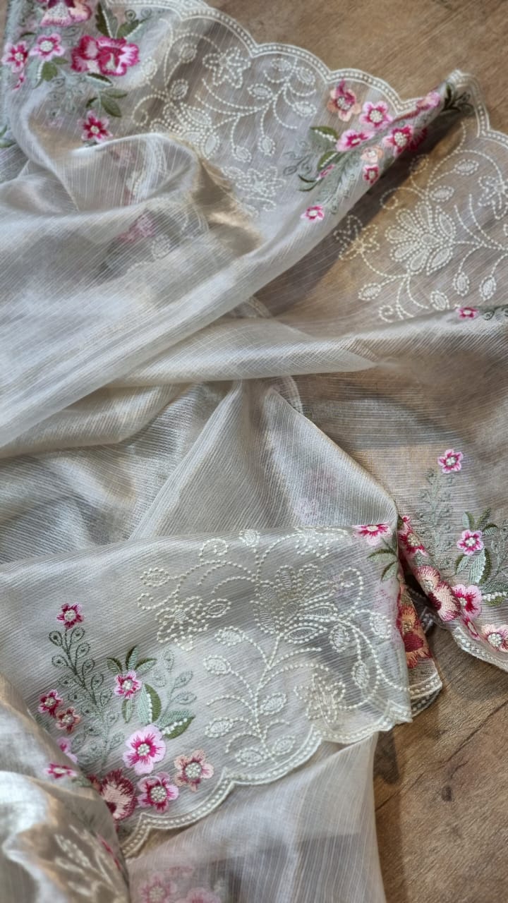 Silver Tissue Silk Stripe Embroidery Cutwork Border Scallop Saree