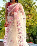 Half White Organza Saree with Skirt Embroidery Work & Crochet Lace