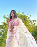 Half White Organza Saree with Skirt Embroidery Work & Crochet Lace