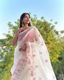 Half White Organza Saree with Skirt Embroidery Work & Crochet Lace