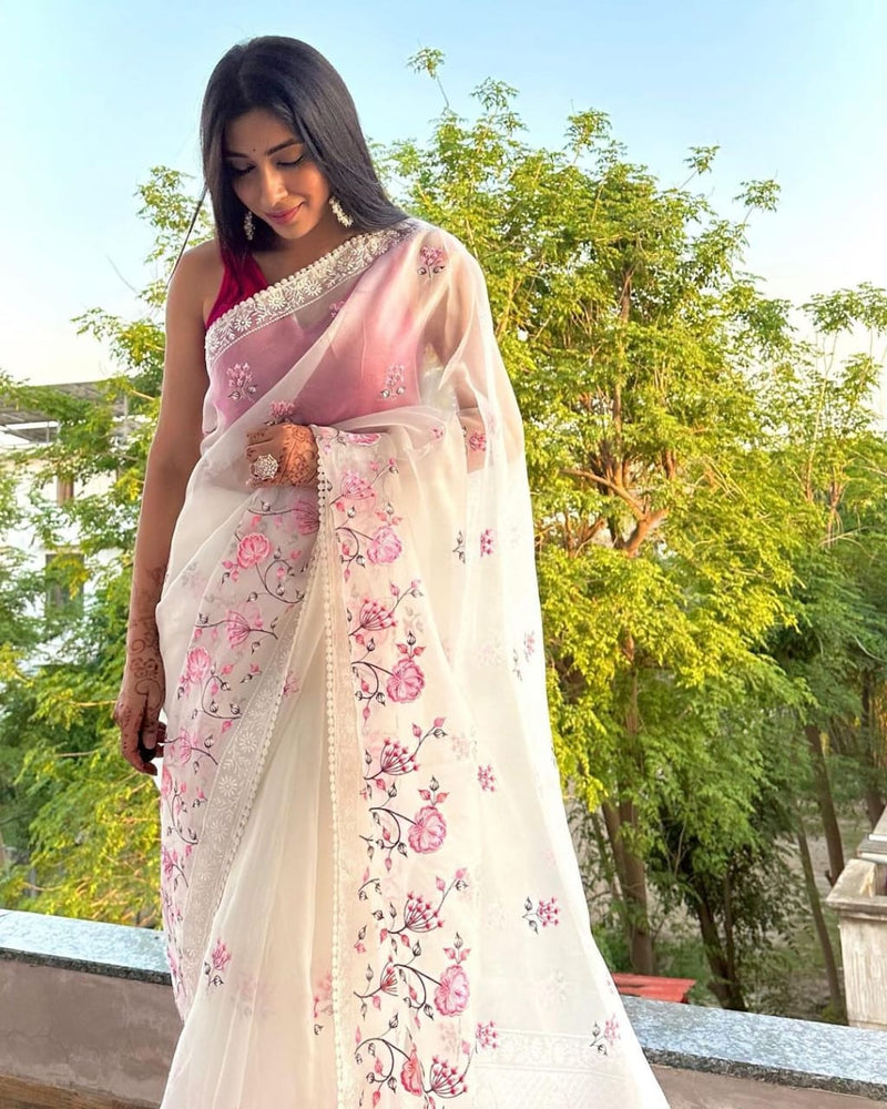 Half White Organza Saree with Skirt Embroidery Work & Crochet Lace