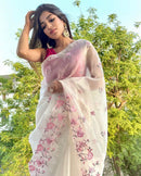 Half White Organza Saree with Skirt Embroidery Work & Crochet Lace