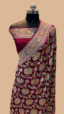 Marron Pure Khaddi Georgette Sarees with Meenakari Brush Painted Work