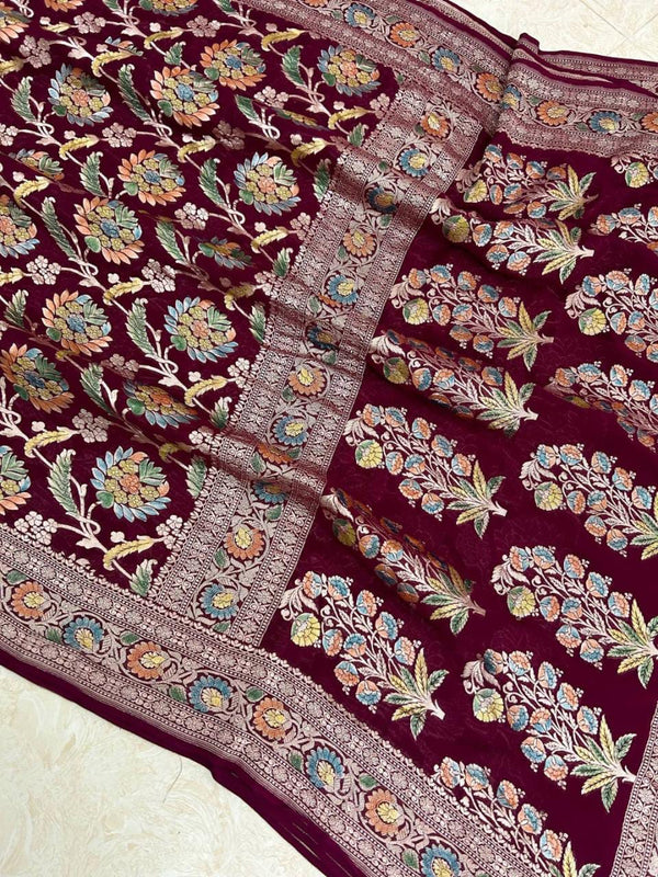 Marron Pure Khaddi Georgette Sarees with Meenakari Brush Painted Work
