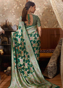 Green Pure Khaddi Georgette Sarees with Meenakari Brush Painted Work