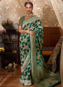 Green Pure Khaddi Georgette Sarees with Meenakari Brush Painted Work