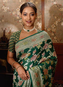 Green Pure Khaddi Georgette Sarees with Meenakari Brush Painted Work