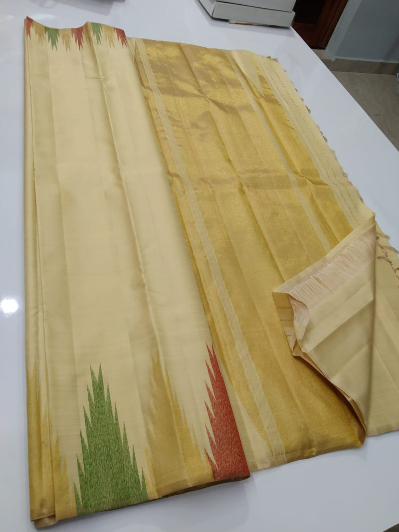 Pastel Sandal Temple Border Kanchipuram Silk Saree