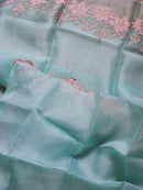Pastel Blue Organza Saree Embroidery Alfi Cutwork Scallop Border Saree