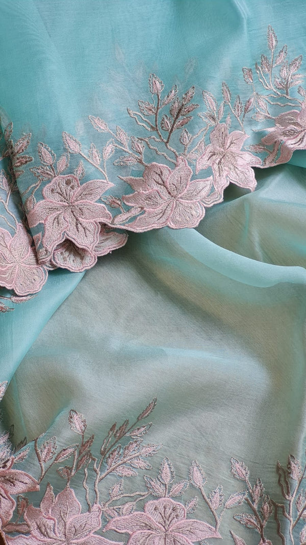 Pastel Blue Organza Saree Embroidery Alfi Cutwork Scallop Border Saree