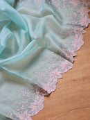 Pastel Blue Organza Saree Embroidery Alfi Cutwork Scallop Border Saree