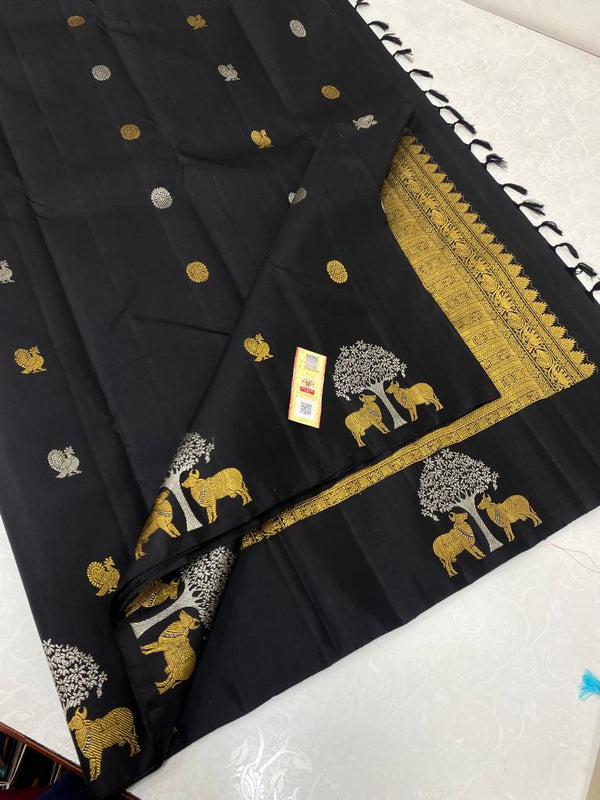 Black Handloom Kanchipuram Silk Saree with Gold & Silver Zari Butta