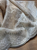 Tissue Organza Stripe Cutwork Jaal Embroidery With Scallop Border