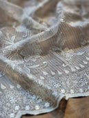 Tissue Organza Stripe Cutwork Jaal Embroidery With Scallop Border