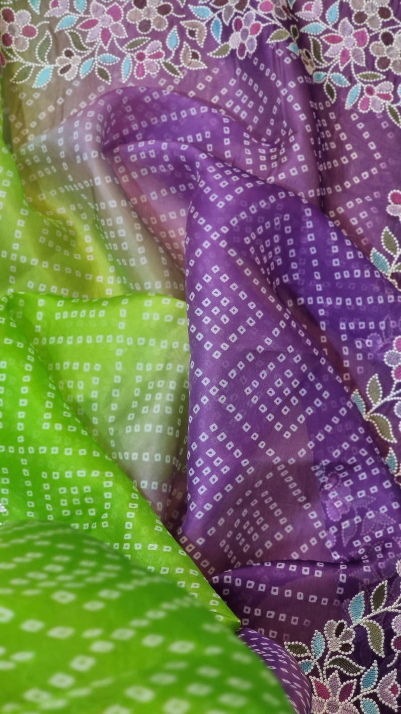 Purple Green Organza Saree Embroidery Pearl Border with Bandhani Print